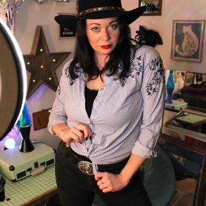 Blue & White Striped Button-down Shirt with floral embroidery